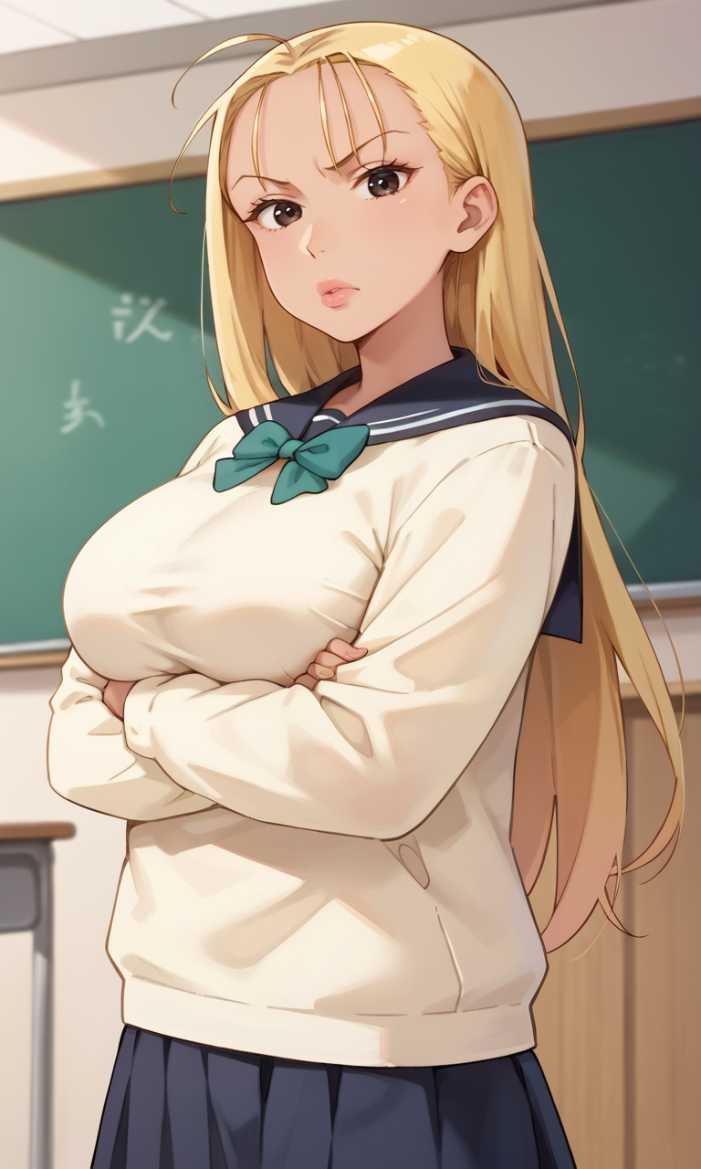 (1girl:1.5), (solo:1.3), (score_9, score_8_up, score_7_up, score_6_up, score_5_up, score_4_up), (source_anime), rating_questionable, (upper body:1.3), indoors, classroom, 
 (yellow sweater, oversized clothes, long sleeves, blue sailor collar, green bowtie, blue skirt, pleated skirt, miniskirt, white socks, black footwear), (large breasts), <lora:mari-classmate-yellow_v1:0.7> (mari-classmate-yellow), (dark skin:1.3), (black eyes, eyelashes, blonde hair, long hair, hair slicked back, wispy bangs, forehead, pink thick lips, big lips, frown, angry), huge breasts,  looking looking at viewer, 
 crossed arms, cross arms in front, under breasts, from side