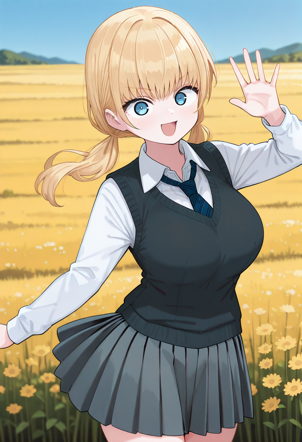_shia, blue eyes, blonde hair, long hair, twintails, necktie, school uniform, sweater vest, black vest, long sleeves, collared shirt, pleated skirt, <lora:hoshino_shia_illustrious_ver1:0.8> 
smile, open mouth,, masterpiece, best quality, general,, 1girl, solo, (field:1.2), (blue sky:1.2), looking at viewer,, (cowboy shot, dynamic pose:1.4),