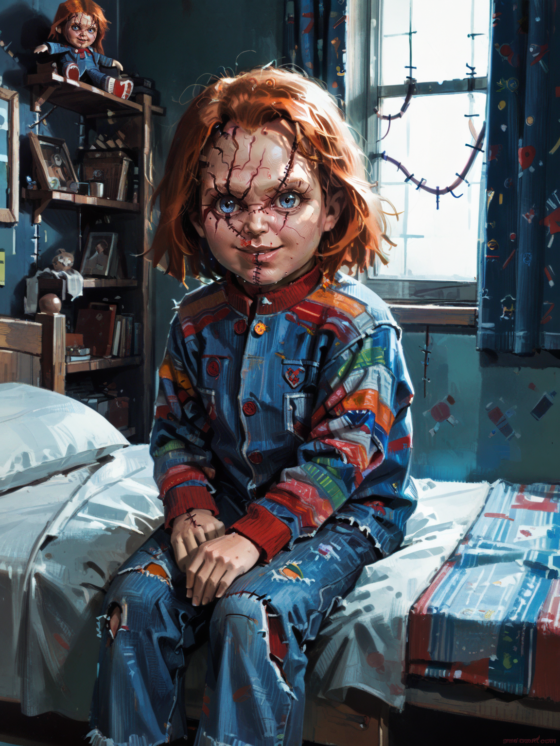 <lora:Chucky:0.8>, chuck3y, 1boy, blue eyes, orange hair, stitches, doll, denim jacket, sitting on bed, room, college room, shelf, bed sheet, table, smile, window, night, solo, dark, <lora:AlexanderMandradjiev:0.8>, zPDXL3, score_9, score_8_up, score_7_up, score_6_up, score_5_up, score_4_up, realistic, source_real