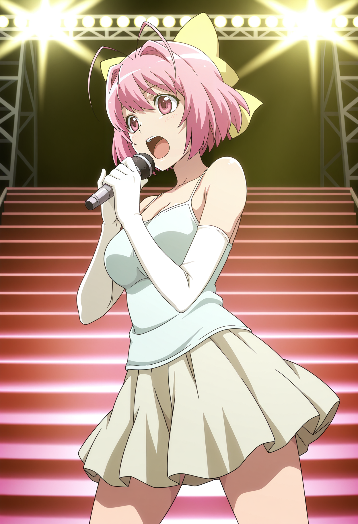 1girl,solo,mm,mature female,pink hair,short hair,pink eyes,hair bow,antenna hair,anime coloring,
elbow gloves, camisole, skirt,stage,stage lights, holding microphone, singing,dynamic pose, 
,masterpiece,best quality,amazing quality,<lora:Kanon_Nakagawa-Kami_nomi_zo_Shiru_Sekai:0.8>