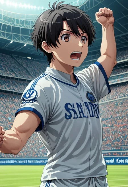 high resolution, solo, best quality, 1Boy, Inaho Kaizuka, Black hair, Brown Eyes, Attending a sports game, stadium, cheering, excitement,