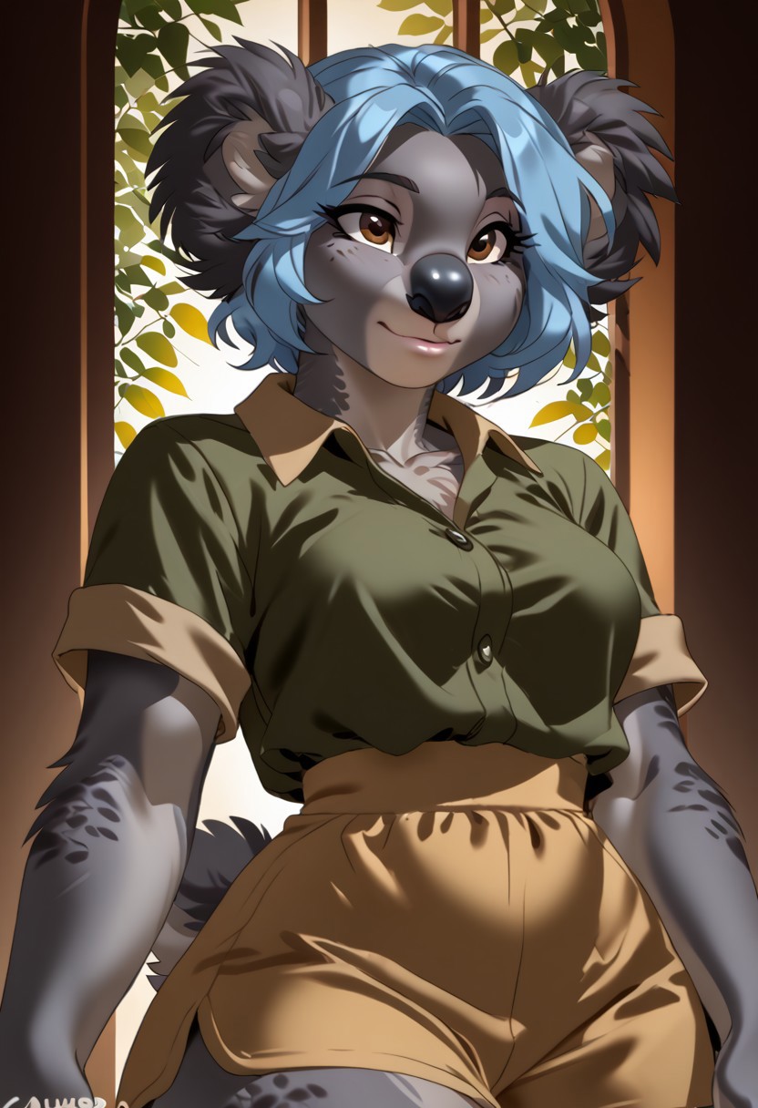 score_9, score_8_up, score_7_up, (by zummeng:1.5), (by jailbird:1.5), (by kittydee:1.5), masterpiece, best quality, (solo),  
(Furry Art : Anthro : koala:1.5), 1girl, expressive eyes, feminine eyes, perfect face, feminine face, (light blue hair), (short fluffy hair:1.3), feminine body, medium breasts, marsupial, black nose, grey fur, fluffy ears, (flat belly:1.3), (wide hips:1.4), (slim waist:1.2), (thick thighs:1.4), (safari shirt:1.5), (khaki shorts), (brown eyes),