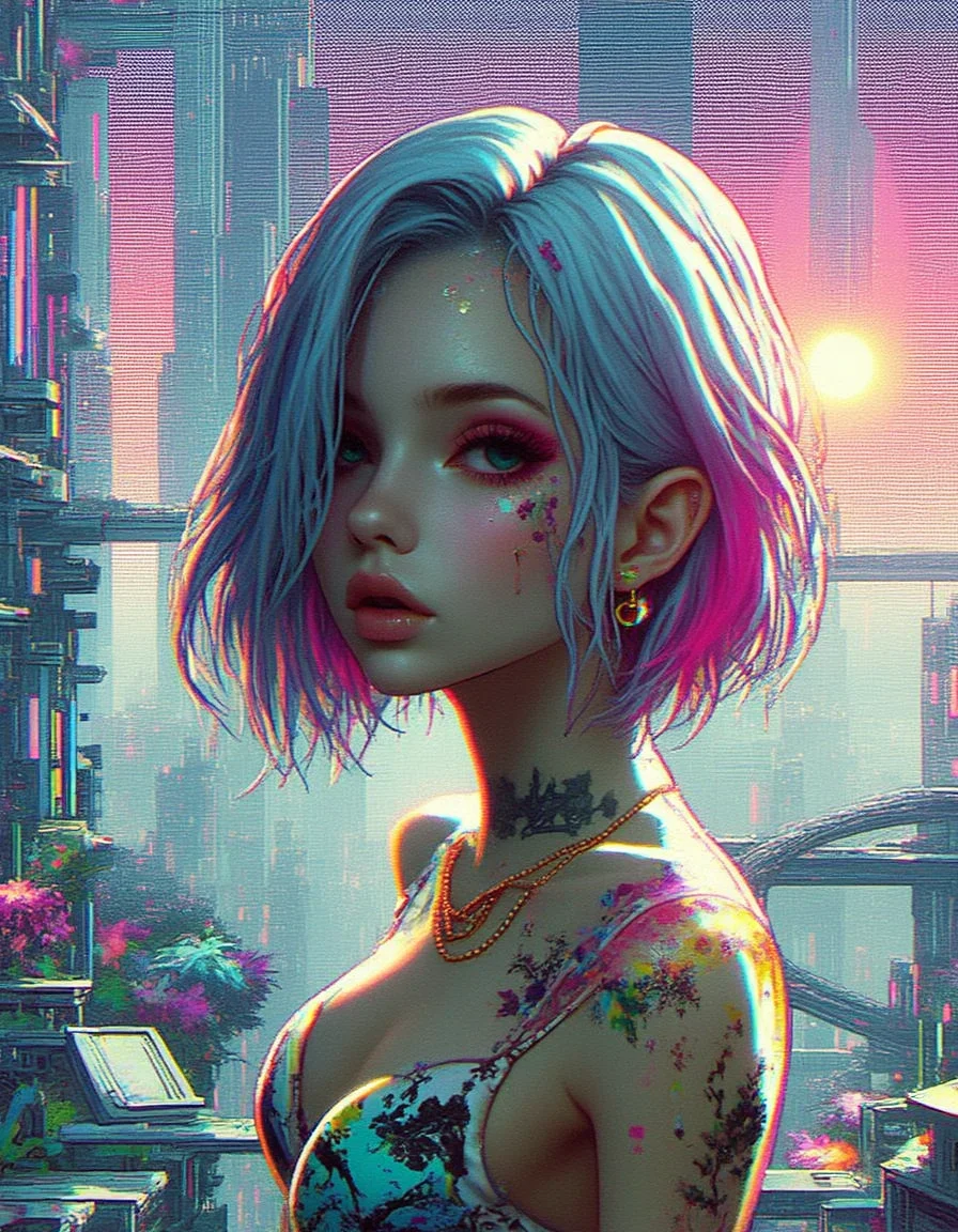 A glitch artwork in retro style about a young woman with silver hair and colorful ombre sitting on a roof top. She wears a golden necklace and colorful make-up. She also has cyber implants and tattoos. Her face is beautiful and her eyes are also colorful and detailed. In the background is cyberpunk city with gigantic buildings, glass skyscrapers and futuristic metal structures. A river with lush vegetation flows through the city. The sun is setting creating a pinkish orange sky. The artwork has chromatic aberration, glitches, artifacts, VHS filter and heavy film grain.
