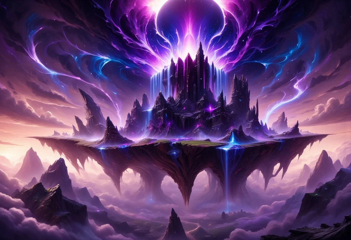 A massive, floating sky island, suspended high above the clouds, its jagged terrain and cliffs wrapped in swirling, ethereal purple flames. The island is dotted with towering, ancient stone ruins and colossal waterfalls that cascade off the edge, dissolving into mist before reaching the ground. Crystals of energy pulse with light embedded in the island’s surface, and glowing runes float around it in a chaotic, magical orbit.