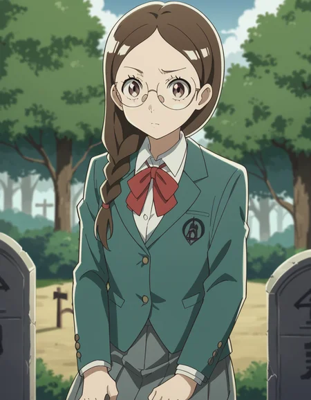 score_9, score_8_up, score_7_up, source_anime, <lora:megumi-takahashi-s1-ponyxl-lora-nochekaiser:1>, megumi takahashi, long hair, brown hair, brown eyes, braid, glasses, hair over shoulder,, school uniform, jacket, blazer, ribbon, red ribbon, green blazer, shirt, white shirt, collared shirt, skirt, pleated skirt, grey skirt,, graveyard, tombstones, dark, trees, eerie, , hands on own knees, looking at viewer, solo,, dutch angle, cowboy shot