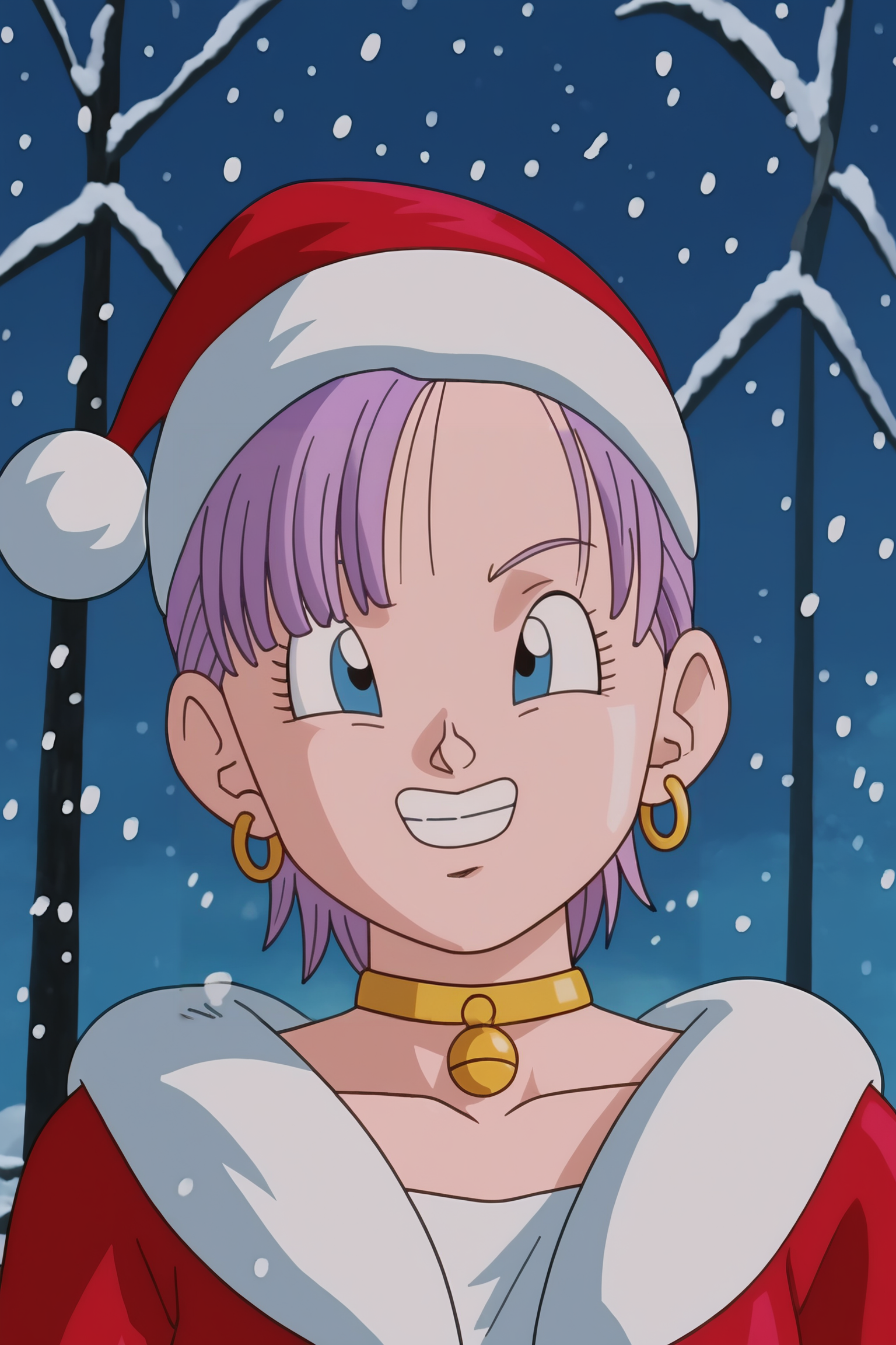 source_anime, score_9, score_8_up, score_7_up, anime screencap, absurdres, high quality, official style, 
solo, 1girl, 
bra \(dragon ball\), short hair, blue eyes, ponytail, purple hair
santa hat, (santa costume), snow, fur trim, outdoors, snowing,  upper body, v, grin, teeth, fur collar, 
<lora:Bra_v2:0.8>