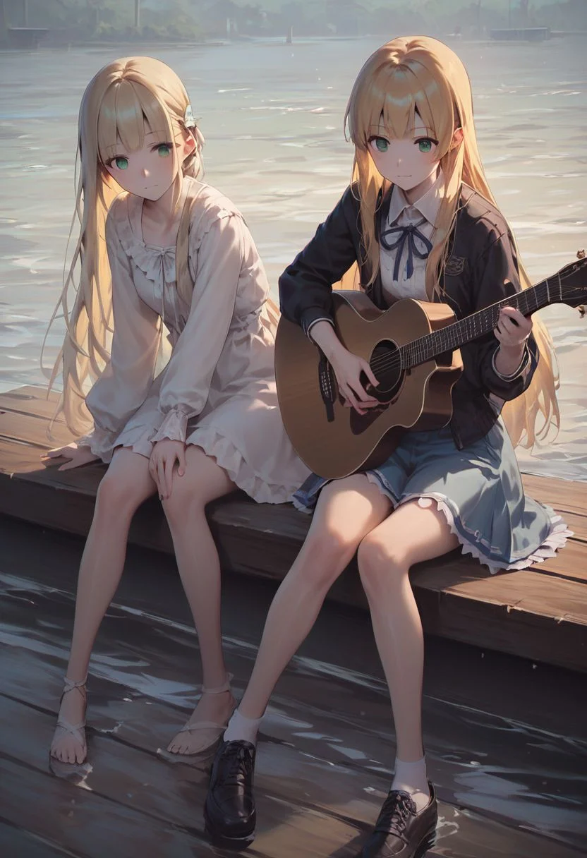 score_9, score_8_up, score_7_up, score_6_up, score_5_up, score_4_up, source_anime, 2 girls, sitting, acoustic_guitar, playing_guitar, playing instrument, sitting, blonde hair, long hair, hime cut, bright green eyes, medium chest, anime, anime 2, pier