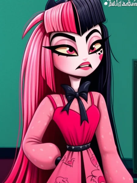 1 girl, 1 person, solo, <lora:HelHazbinV2:1> hellhazbin , <lora:Draculora:1> draculaura, streaked hair, pink hair, black hair, two-tone hair, pink eyes,