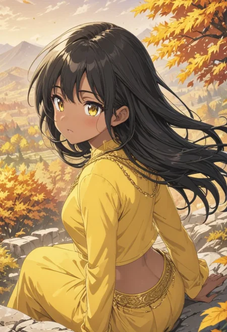 gorgeous lips, cinematic, (masterpiece), (best quality), (ultra-detailed), very aesthetic, illustration, perfect composition, intricate details, absurdres, detailed face, (anime, masterpiece, intricate:1.3), (best quality, hires textures, high detail:1.2), (4k),(incredibly detailed:1.4)
Footbath, beautiful girl, autumn deciduous forest in the surrounding background, mountains in the distant background, sitting on a rock, black hair, no bangs, long hair, evening, autumn, mountain far from the city center, countryside, wooden village, cloudy white footbath, perfect quality, cute, people who look at it Looking back, beautiful scenery, high resolution, orange Lehnga, yellow Lehnga cropped top covered in gold,orange Lehnga skirt covered in gold, toned midriff, gold waist chain, tan skin, brown skin, yellow eyes, 背景　ジブリ, 背景, ジブリ,<lora:more_details:0.5>