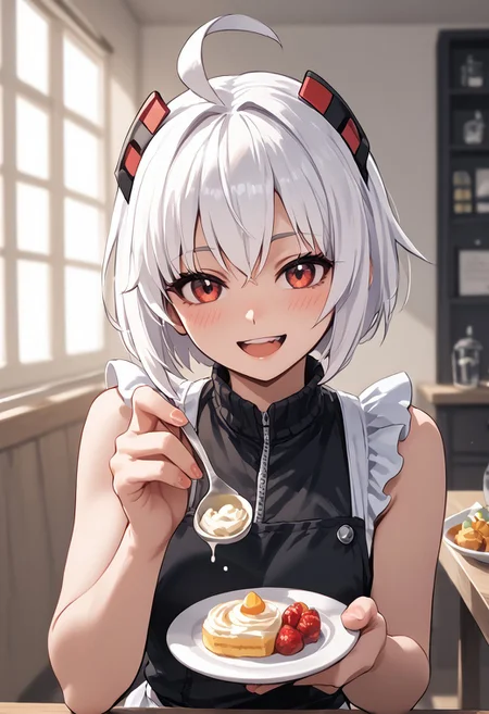 score_4,score_5,score_6,score_7_up,score_8_up,score_9 ((masterpiece,best quality,ultra detailed,highres,HD,4k:1.2)), 
1girl, solo,solo focus,girl focus,face focus,
Copen(GV),white hair, ahoge, short hair,sidelocks,red eyes, dark eyes,head gear,
((Apron, sleeveless, exposed arms, exposed shoulders, frilly aprons:1.1)), upper body, pov,feeding,looking at viewer,feeding, food,incoming food, holding spoon, 
looking at viewer,blush,shy,smile,open mouth,