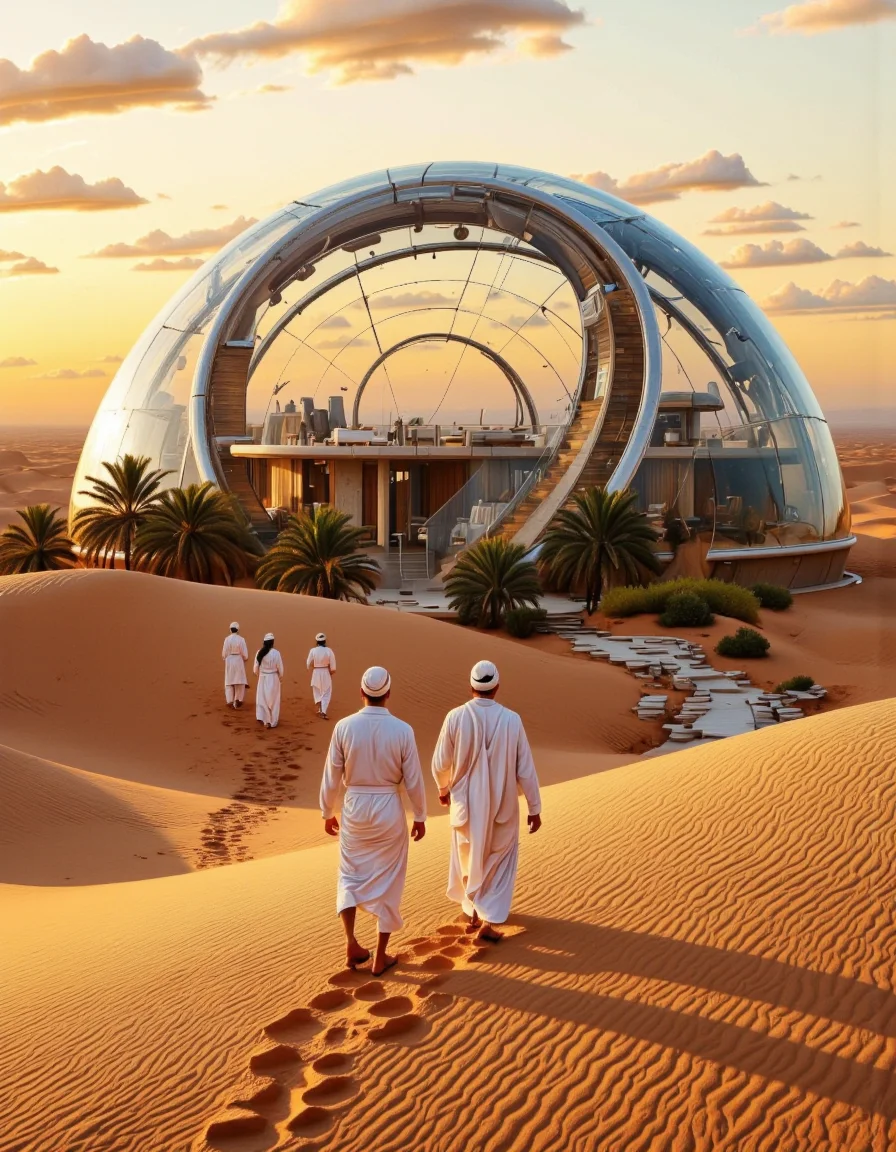 Futura. A photo-realistic shoot from a bird's eye view about a futuristic building with a domed structure in the middle of a desert landscape, surrounded by sand dunes and palm trees. the image also shows three people walking towards the building, all wearing traditional clothing, in the desert. on the left side of the image, a man and a woman, both of whom appear to be in their mid-twenties, are walking away from the camera, with the man wearing a white robe and the woman wearing a long white robe. they are walking towards a large, translucent dome-shaped structure, which is set against a warm, golden sky with a few clouds. the structure has a modern, futuristic design with a glass-like exterior and a wooden interior, and is surrounded by palm trees and a small stream running through the desert landscape. the overall atmosphere is one of serenity and tranquility. <lora:Futura-000005:1>