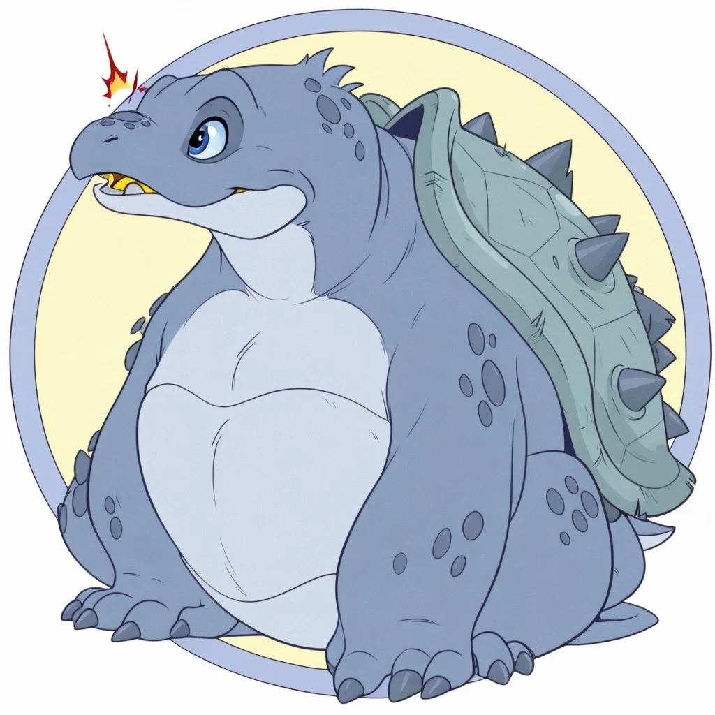 Neopets, circle background, solo, cartoony
cool red snapping turtle in the style of neopets, blue eyes, spikes, white underbelly, open mouth, yellow tongue