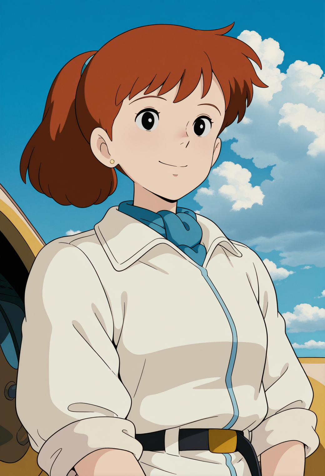 masterpiece, best quality, very aesthetic, absurdres, 1girl, solo, 
<lora:fio_piccolo_v01:0.9>, fio_piccolo, fio_pilot, brown hair, ponytail, black eyes,
blue scarf, jumpsuit, long sleeves, sleeves rolled up, black belt, smile, upper body, blue sky