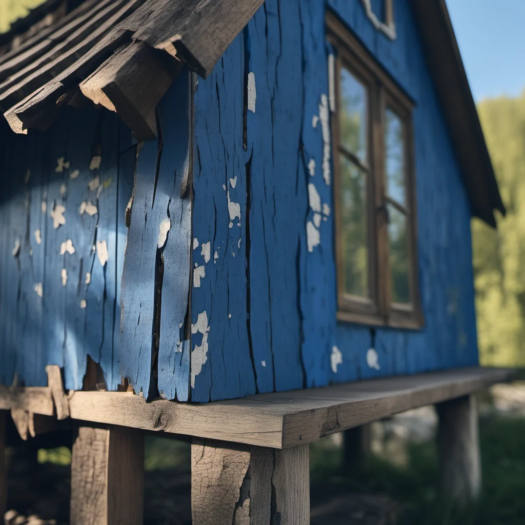 cinematic photo archviz sharp focused photo (rustical wooden house:1.2) by the river, with woodplank pbr texture, painted blue with weathered cracking flaking peeling paint, showing wood <lora:Woodplank-SDXL:0.7> . 35mm photograph, film, bokeh, professional, 4k, highly detailed