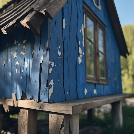cinematic photo archviz sharp focused photo (rustical wooden house:1.2) by the river, with woodplank pbr texture, painted blue with weathered cracking flaking peeling paint, showing wood <lora:Woodplank-SDXL:0.7> . 35mm photograph, film, bokeh, professional, 4k, highly detailed