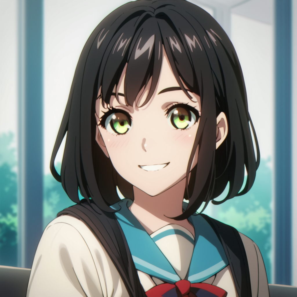 score_9, score_8_up, score_7_up, score_6_up, score_5_up, score_4_up, source_anime,  Glenda, black hair, , school uniform, portrait, smile