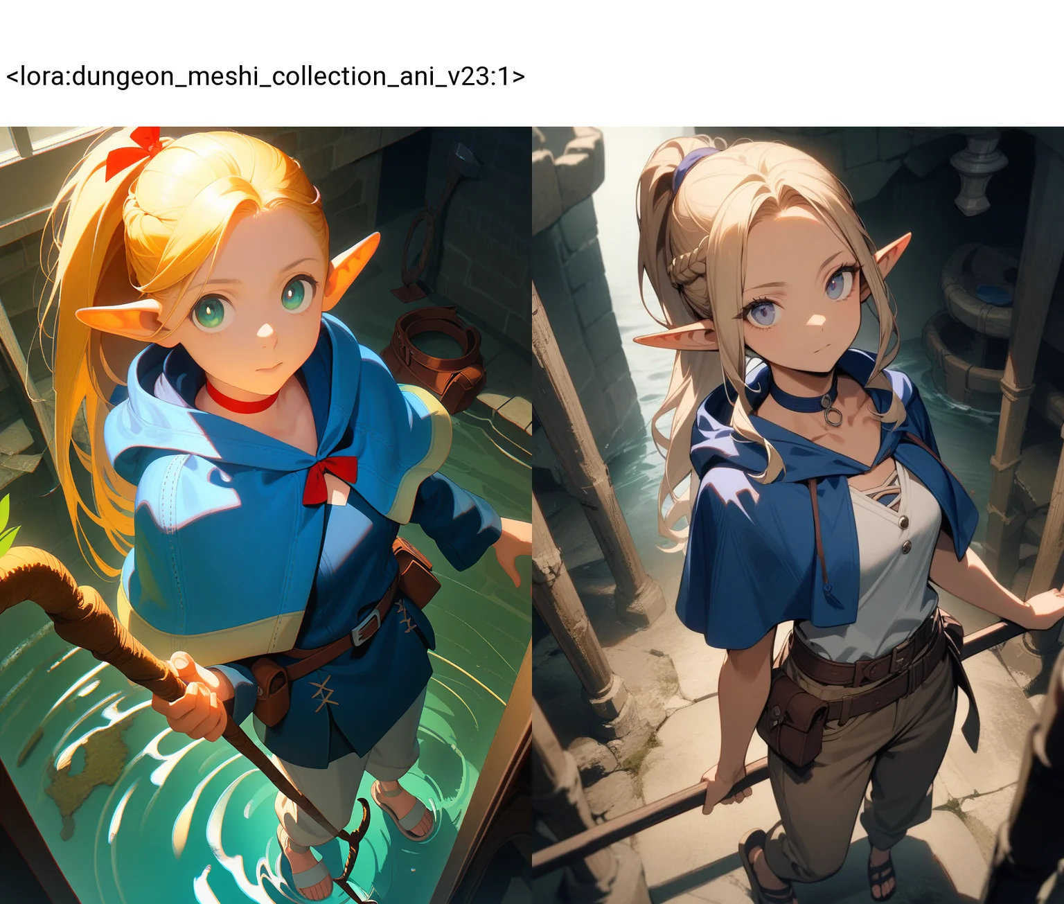 marcille donato, marcille original outfit, 1girl, pointy ears, elf, long hair, sandals, choker, pouch, ponytail, hood, belt, pants, hooded capelet, blue capelet, belt pouch, living staff, holding staff
cowboy shot, indoors, dungeon, water, atmospheric, looking at viewer, from above,
masterpiece, best quality, very aesthetic, absurdres
<lora:dungeon_meshi_collection_ani_v23:1>