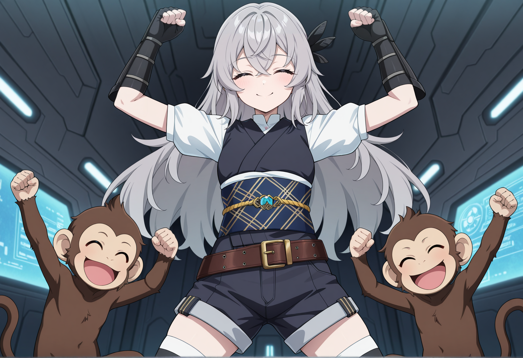 anime screenshot, anime screencap, anime coloring, 1girl, grey hair, long hair, hair ornament, solo, japanese clothes, white short sleeves, obi, belt, shorts, thighhighs, gauntlets, fingerless gloves, indoors, science fiction, spacecraft interior,  arms up, monkey dance, clenched hand, dance, closed eyes, smile, the monkey <lora:saika_magoichi:0.8>, masterpiece, best quality, amazing quality, very aesthetic, absurdres, highres, newest