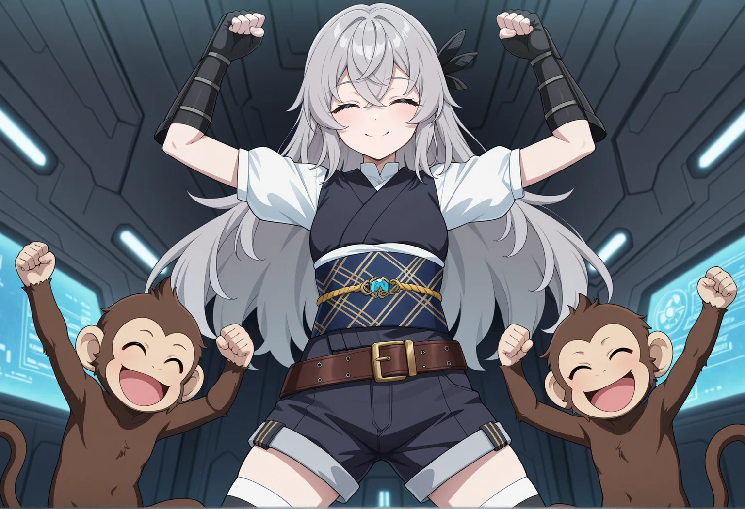 anime screenshot, anime screencap, anime coloring, 1girl, grey hair, long hair, hair ornament, solo, japanese clothes, white short sleeves, obi, belt, shorts, thighhighs, gauntlets, fingerless gloves, indoors, science fiction, spacecraft interior,  arms up, monkey dance, clenched hand, dance, closed eyes, smile, the monkey <lora:saika_magoichi:0.8>, masterpiece, best quality, amazing quality, very aesthetic, absurdres, highres, newest