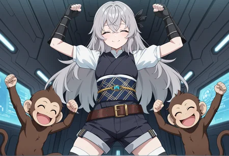 anime screenshot, anime screencap, anime coloring, 1girl, grey hair, long hair, hair ornament, solo, japanese clothes, white short sleeves, obi, belt, shorts, thighhighs, gauntlets, fingerless gloves, indoors, science fiction, spacecraft interior, arms up, monkey dance, clenched hand, dance, closed eyes, smile, the monkey <lora:saika_magoichi:0.8>, masterpiece, best quality, amazing quality, very aesthetic, absurdres, highres, newest