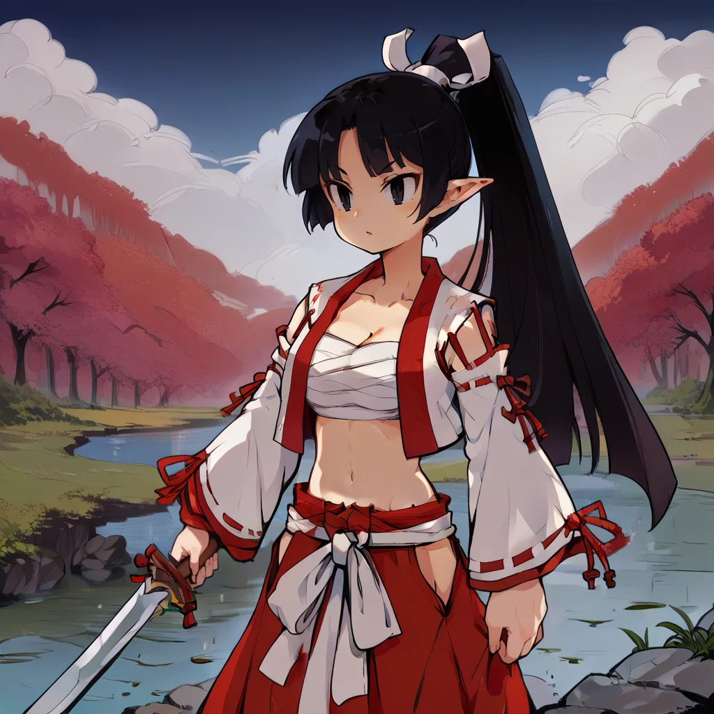 score_9, score_8_up, score_7_up, score_6_up, score_5_up, score_4_up, source_anime, rating_safe BREAK 1girl,cowboy shot, large breasts,outdoors, <lora:LadySamurai:1>, black hair, pointy ears, black eyes, ponytail,hair ribbon,sarashi,detached sleeves, white open vest, midriff, red hakama, holding sword, <lora:LineArt Mono Style LoRA_Pony XL v6:1> ,flat color, lineart
