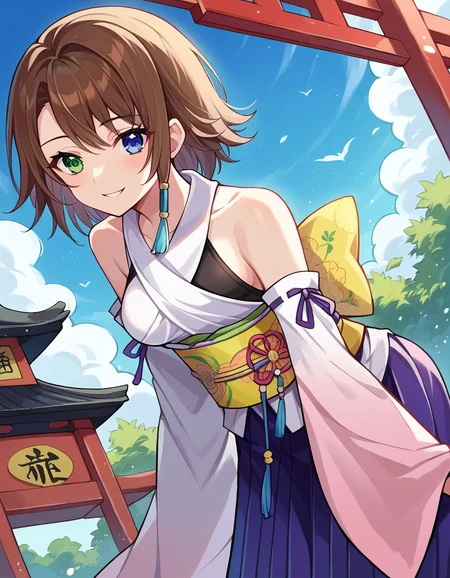 score_9, score_8_up, score_7_up, source_anime,
ffyuna, <lora:ff-yuna-ponyxl-lora-nochekaiser:1>,
yuna, blue eyes, brown hair, green eyes, hair ornament, heterochromia, short hair,
bare shoulders, detached sleeves, hakama, hakama skirt, japanese clothes, purple hakama, skirt, obi, sash, side slit, wide sleeves, white shirt,
outdoors, shrine, bent over, smile,
looking at viewer, cowboy shot, dutch angle,