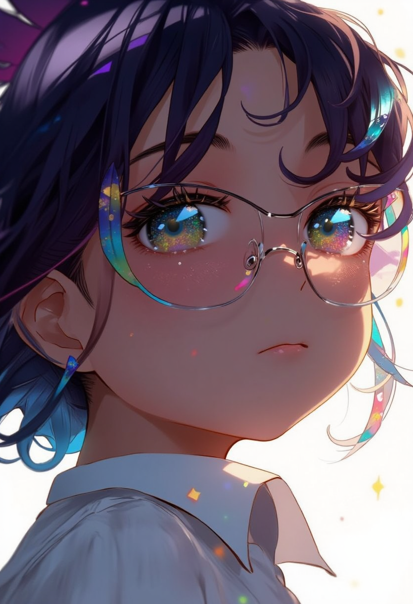 de01 art style, upper body image of a curvy woman with white shirt, detail eyes, wearing glasses, 