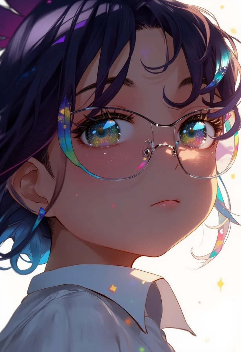 de01 art style, upper body image of a curvy woman with white shirt, detail eyes, wearing glasses, 