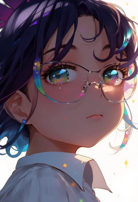de01 art style, upper body image of a curvy woman with white shirt, detail eyes, wearing glasses,
