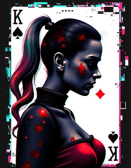 psycho_4rt, glitch art, surrealism, abstract composition, the Harley quinns silhouette as the central figure, dark yet vibrant colors, (playing card background: Joker card), intricate and fragmented designs resembling digital errors, distorted patterns, bold contrasting hues, (psychedelic effects:1.3), flowing textures and surreal shapes. The card is surrounded by glitchy distortions, broken pixel art effects, vibrant light streaks, and surreal dreamlike haze. The entire composition merges with the theme of a Joker playing card, with card details subtly embedded in the design. High detail, cinematic lighting, atmospheric and moody, visually striking.