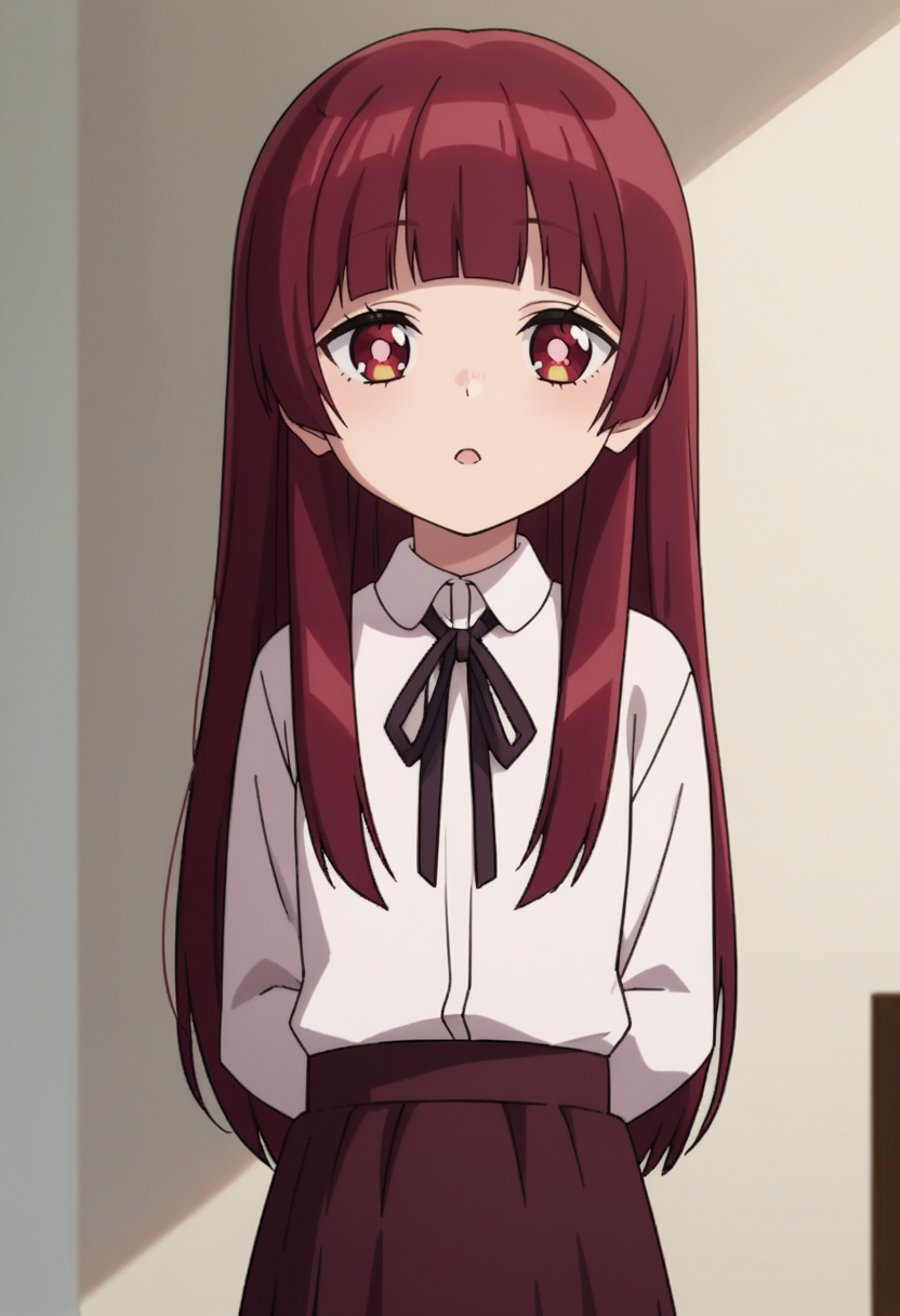 score_9, score_8_up, score_7_up, source_anime,anime screencap, anime coloring,intricate details,rating_safe, masterpiece, best quality,
(best quality, absurd res, ultra detailed),1girl, ((solo)), good eyes,perfect eyes,,detailed eyes, zPDXLxxx , zPDXL3,detailed, detailed face, <lora:add-detail-xl:3>,(4 finger)
BREAK
<lora:Yaeka:0.8>, yaeka,1girl, red eyes, red hair, bangs, long hair, 
white shirt, long sleeves, skirt, neck ribbon,
BREAK
solo, indoors,standing, front view, hands behind back,