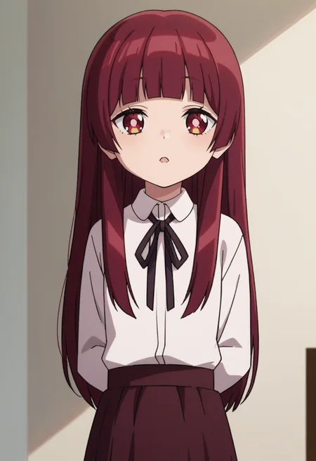 score_9, score_8_up, score_7_up, source_anime,anime screencap, anime coloring,intricate details,rating_safe, masterpiece, best quality,
(best quality, absurd res, ultra detailed),1girl, ((solo)), good eyes,perfect eyes,,detailed eyes, zPDXLxxx , zPDXL3,detailed, detailed face, <lora:add-detail-xl:3>,(4 finger)
BREAK
<lora:Yaeka:0.8>, yaeka,1girl, red eyes, red hair, bangs, long hair, 
white shirt, long sleeves, skirt, neck ribbon,
BREAK
solo, indoors,standing, front view, hands behind back,