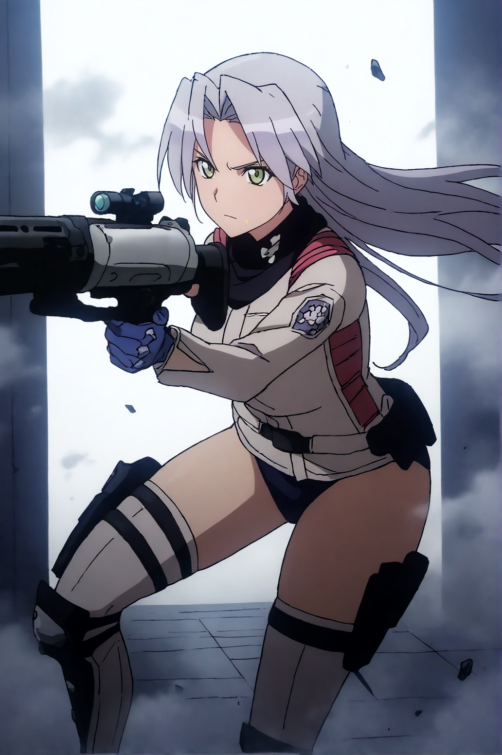 masterpiece, best quality, dark grey background, indoors, cinematic lighting, lens flare, flying debris, dust, smoke, amazing quality, very aesthetic, absurdres, best quality, newest, year 2023,  Mikoto Kiba, Killer Outfit, solo, expressionless, aiming tactical shotgun, thigh gun holster,    <lora:JN_Mikoto_Kiba_Illus:0.8>