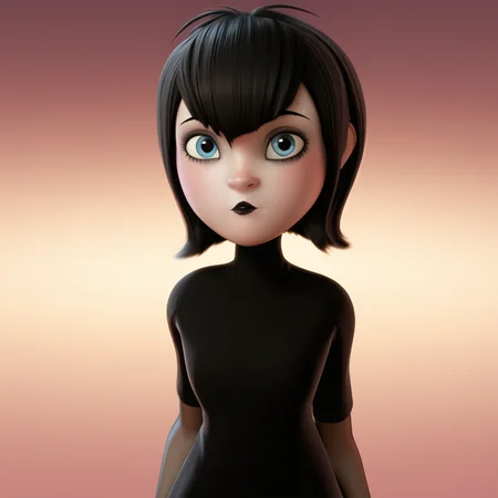 score_8_up, BREAK, MAVISDRACULA, 1girl, solo, black hair, short hair, blue eyes, lipstick, black dress, cowboy shot, <lora:MavisDracula_PXL_Leaf1:1>, gradient background, looking at viewer, CGI, 3d,
