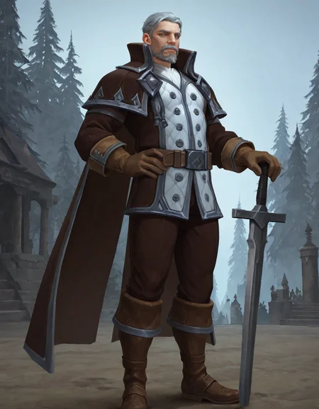 masterpiece, best quality, newest, detailed background, intricate details, male focus, realistic, solo, <lora:World of Warcraft - Genn Greymane - Illustrious-000005:0.7>, genn_g, 1boy, mature male, grey hair, very short hair, mustache, beard, blue eyes, brown overcoat, white jacket, white shirt, brown gloves, brown belt, brown pants, brown boots, outdoors, kingdom, houses, trees, sword in ground, hand on sword hilt, looking at viewer, hand on own hip
