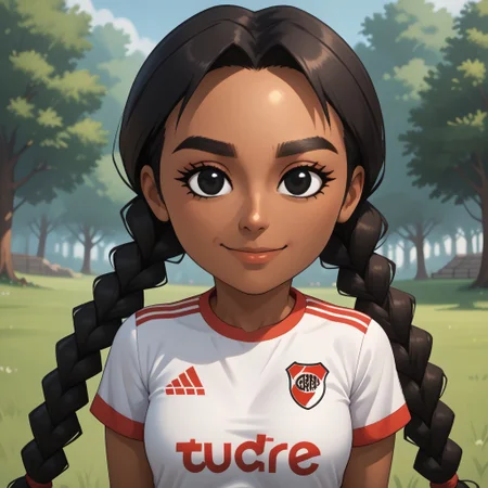score_9, score_8, BREAK, solo, wii, mii, wii sports club, 1girl, female mii, black eyes, thick eyebrows, black hair, low braids, dark skin, dark skin female, smile, RiverPlate, striped shirt, striped, shirt, white shirt, short sleeves, clothes writing, sportswear, soccer uniform, cute, nintendo mii, modern_mii, classic_mii, breasts, laura_(\wii_sports_club\), sexy pose, self portrait, smile, outdoors, sunlight, shadows, evening lighting, natural lighting, forest, trees, grass, orange sky, sunset