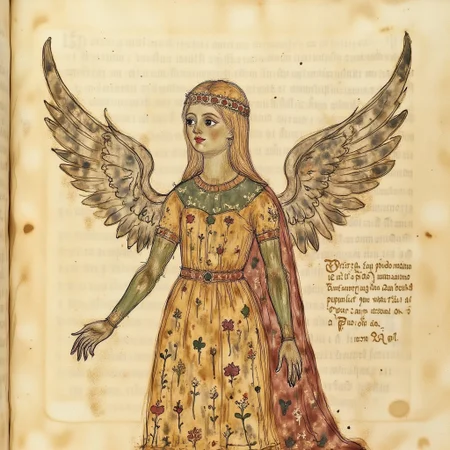 medieval illustration of warrior girl with armour and angel wings, medieval,old paper