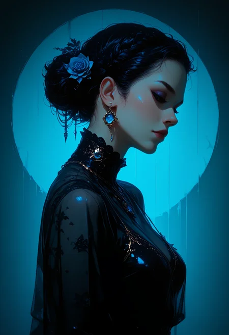 masterpiece, best quality, good quality, very awa, very aesthetic, absurdres, newest, 1girl, solo, breasts, black_hair, hair_ornament, dress, closed_mouth, jewelry, upper_body, closed_eyes, braid, flower, earrings, hair_flower, necklace, hair_bun, black_dress, from_side, bracelet, eyelashes, see-through, lips, profile, makeup, expressionless, rose, half-closed_eyes, single_hair_bun, gem, lipstick, veil, pink_flower, eyeshadow, french_braid, gold_trim, blue_flower, nose, realistic, see-through_sleeves, blue_gemstone, mascara, 748cmstyle,usnr,retro