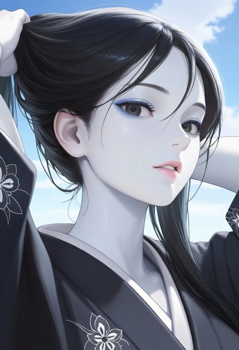 1girl, sky, black hair, long hair, masterpiece, black eyes, Yuki-Onna, colored skin, (white skin:1.3), parted lips, looking at viewer, kimono, black kimono, floral print, outdoors, arms behind head, adjusting hair, cloud, volumetric lighting, blue sky, portrait, upper body,