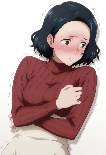 masterpiece, best quality, amazing quality, anime coloring, anime screencap, 1girl, solo, <lora:DX888Nagi:1>, yoshino nagi,black hair, bob cut, mature female, brown eyes, embarrassed, shy, full-face blush, trembling, turtleneck sweater, sweater under dress, ribbed sweater, , BREAK , dynamic pose, lying from above, white background gradient background,
