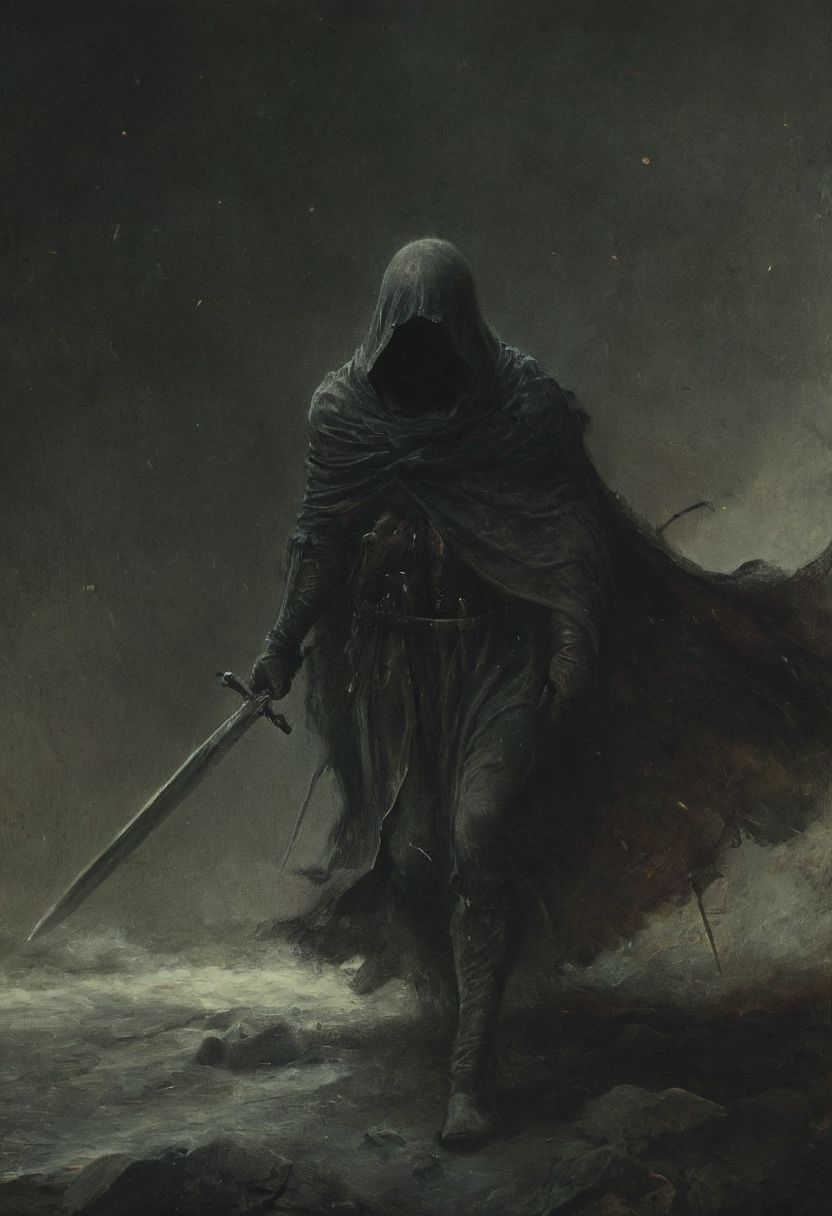 a terrible terrifying fight scene between an honorable knight and a hooded assassin dragging us with swords and daggers, (vacations, high resolution:1.3), (small, selective focus, european film:1.2), (sexual advance:1.1), ,end of hopes ,silence, extremely detailed,dark,sad, easynegative, digital artwork by Beksinski, extremely detailed, dark, chiaroscuro, low-key,in the style of Kelly Slater ,style by Kelly Slater,closeup,digital artwork by Beksinski, style of Kelly Slate