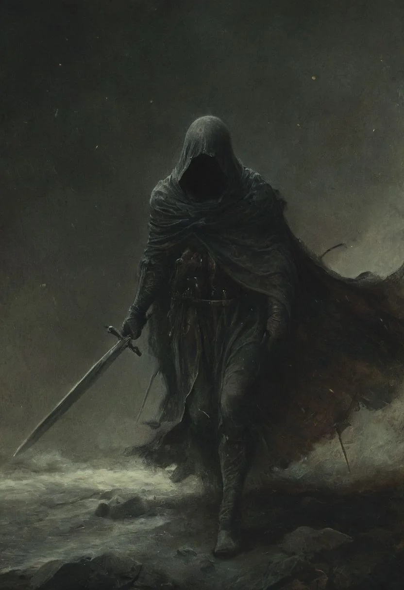 a terrible terrifying fight scene between an honorable knight and a hooded assassin dragging us with swords and daggers, (vacations, high resolution:1.3), (small, selective focus, european film:1.2), (sexual advance:1.1), ,end of hopes ,silence, extremely detailed,dark,sad, easynegative, digital artwork by Beksinski, extremely detailed, dark, chiaroscuro, low-key,in the style of Kelly Slater ,style by Kelly Slater,closeup,digital artwork by Beksinski, style of Kelly Slate