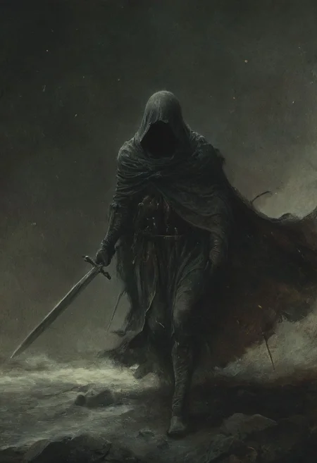 a terrible terrifying fight scene between an honorable knight and a hooded assassin dragging us with swords and daggers, (vacations, high resolution:1.3), (small, selective focus, european film:1.2), (sexual advance:1.1), ,end of hopes ,silence, extremely detailed,dark,sad, easynegative, digital artwork by Beksinski, extremely detailed, dark, chiaroscuro, low-key,in the style of Kelly Slater ,style by Kelly Slater,closeup,digital artwork by Beksinski, style of Kelly Slate