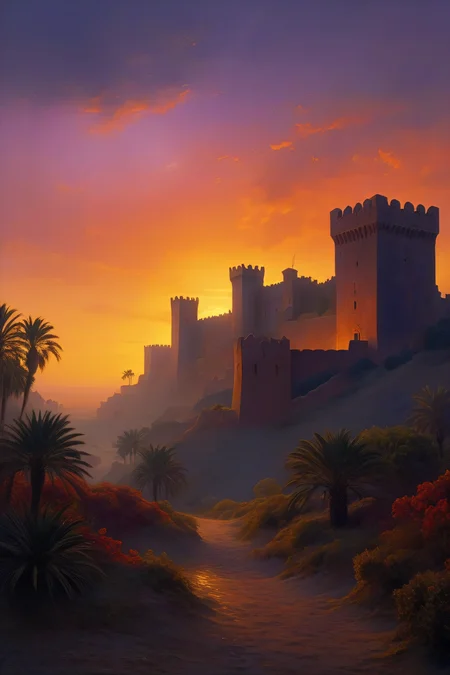 fantasy atmosphere, (a Castles in Morocco), (small castle:1.9), (13th Century:1.5), date palms, (epic sunset sky), dramatic atmosphere, dream scenery art, beautiful oil painting, masterpiece, highres, <lora:add-detail-xl:1> <lora:Aros_Castle_Style:0.7>