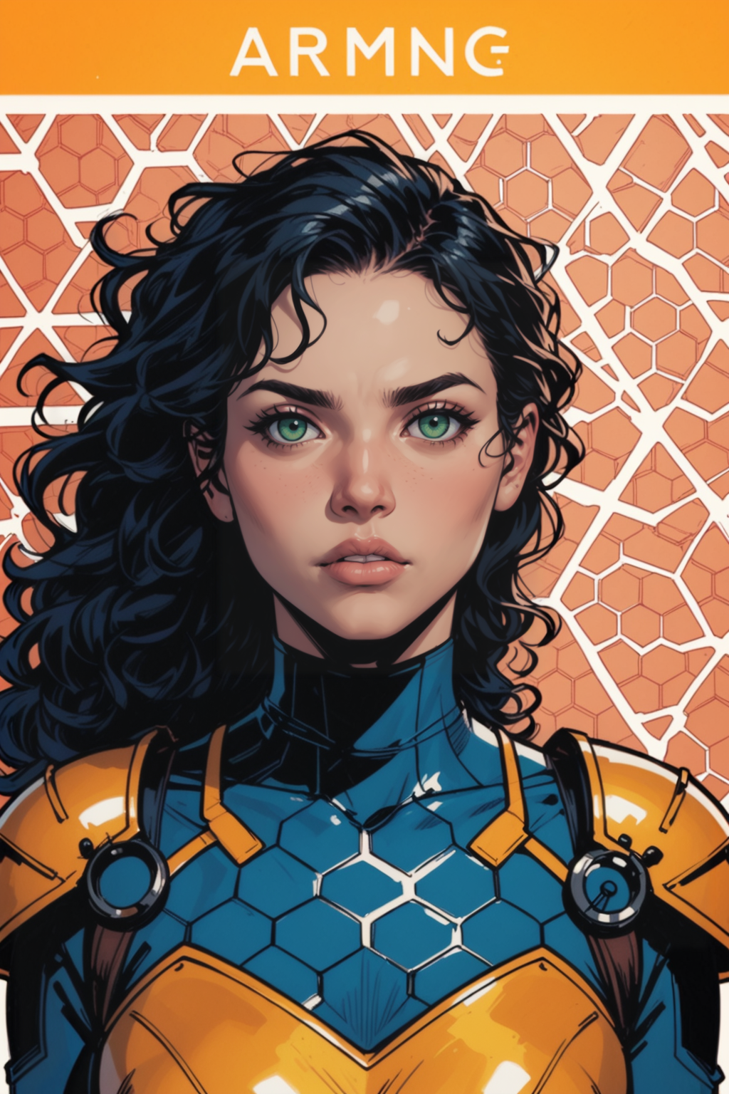 green eyes, black hair, solo, armor, 1girl, long hair, , science fiction, honeycomb \(pattern\), curly hair, bodysuit, parody, upper body, , signature, , artist name, looking at viewer, parted lips,  portrait, , honeycomb background, big hair,  pilot suit, shoulder armor, turtleneck, shoulder pads, , wavy hair, messy hair
thin lips
young,  teen, teenager, <lora:Expressive_H:0.5>, score_9, score_8_up, score_8_up, a_Comic_Illustration, rough lines with ink, (drawn:1.1), (sketch:1.5), (crosshatching:1.25), (comic style:1.1), graphic novel style, sharp lines, hires, zstyle, (western comics \(style\):1.1), (hatching \(texture\):1.2), zPDXL, Mr_Monster_Possitive, beautiful detailed eyes, extreme details eyes,  perfect anatomy,, .