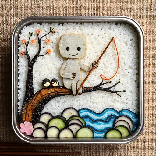 A rectangular metal bento box with a faded colored vintage design painted with flowers, featuring a simple, childlike drawing made entirely of food. The gray being is assembled from separate slices of lightly grilled tofu, each piece cut to suggest different parts of the body, with facial features drawn using thin strips of nori. It sits on a tree branch made from multiple uneven pieces of grilled eggplant, arranged to maintain the natural look of the vegetable. The small black creatures are separate round rice balls mixed with soy sauce for color, with additional small dots of cheese and nori forming their eyes, and thin seaweed strips placed individually to resemble arms and legs. The river below is built from overlapping, wavy slices of cucumber and pickled blue radish, keeping the natural textures and colors of the vegetables visible. The fishing rod is made from a whole green onion stalk, with the fishing line represented by a long, unaltered strand of daikon radish, and the hook is a separate piece of carrot, cut to show its original form. The background is made from a bed of pressed white rice, with small, scattered pieces of chopped spinach and black sesame seeds placed naturally to resemble grass and texture.
Ensure the depiction is natural and pays close attention to accurate textures and lighting throughout the scene), intricate hand-painted details, ultra-realistic textures, award-winning craftsmanship || studio rim lighting, vivid yet tense colors, UHD resolution, rich details, award winning, impactant image, dramatic pose