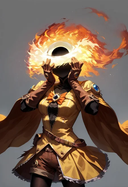 score_9, score_8_up, score_7_up,
lord_of_frenzy, fire head,
faceless, no eyes, no mouth, no nose, no facial features,
magical girl outfit, yellow steampunk dress, boots, (brown shorts:1.2), black tights, medium breasts, belt, brown gloves,
black hole, event horizon, gravitational lensing,
simple background, grey background,
hands on own face, hands on own cheeks, yandere trance
