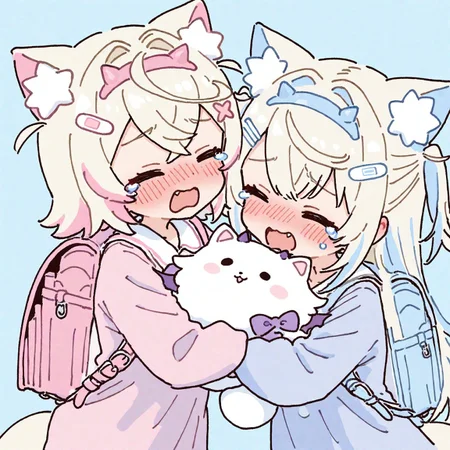 masterpiece, best quality, good quality, very awa, firedotinc, 2girls, multiple girls, sisters, fuwawa abyssgard, mococo abyssgard, hololive, virtual youtuber, fuwawa abyssgard (1st costume), mococo abyssgard (1st costume), alternate costume, aged down, randoseru, kindergarten uniform, long hair, short hair, holding stuffed toy, stuffed toy, perroccino (fuwamoco), portrait, blush, closed eyes, crying, pastel colors, yume kawaii, heisei retro, pale color, <lora:ai_styles_collection_noob_vpred-1.0-v4.02:1>