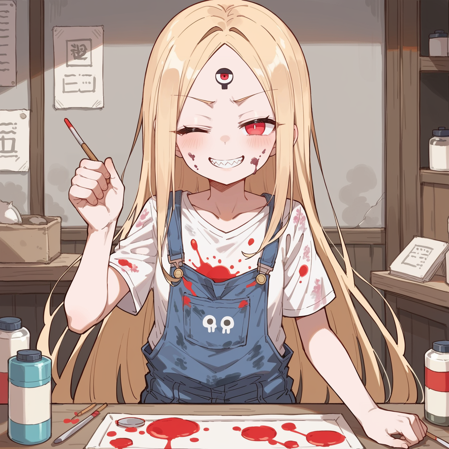 indoors, art room,  1girl, very long hair, parted bangs, blonde hair, red eyes, overalls, t-shirt, paint, dirty clothes, dirty, small breasts, smug, smile, teeth, half closed eyes, wink, clenched hand, sharp teeth, keyhole, third eye, :3,  <lora:abby_xl:1>, score_9, score_8_up, score_7_up, score_6_up, score_5_up, score_4_up, BREAK source_anime, masterpiece