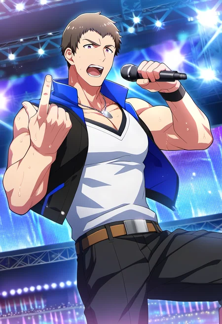 <lora:SeijiShingen:0.7>, ((source_anime)), anime, best quality, amazing quality, best aesthetic, amazing aesthetic, absurdres, year2023, Seiji_Shingen, brown hair, purple eyes, 1boy, solo, dynamic pose, bara, pectorals, muscular, mature male, large pectorals, pectoral cleavage, black open jacket, pants, necklace, holding microphone, yelling, sweating, BREAK
detailed background, indoors, concert, stage lights, idolmaster_side-m